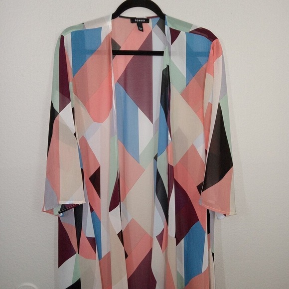 Torrid 00/0 Kimono Colorful Geometric Half Sleeve Polyester Duster - Picture 2 of 8